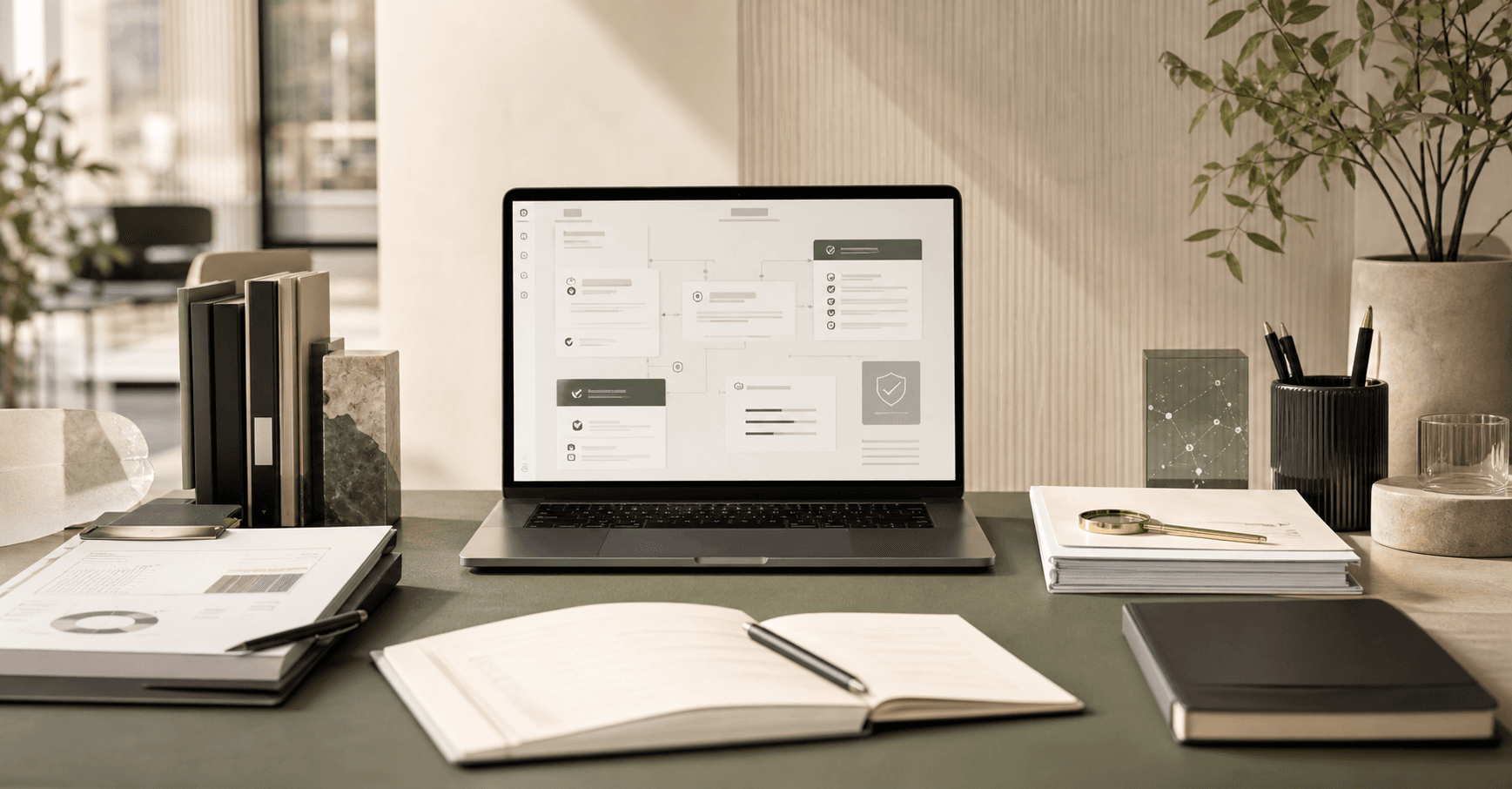 Ingo insurance workflow desk with policy documents and AI risk interface